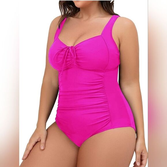 DACI Retro Tummy Control Ruched Barbie Hot Pink Adjustable Plus Swimsuit NWT 20W - Picture 3 of 13